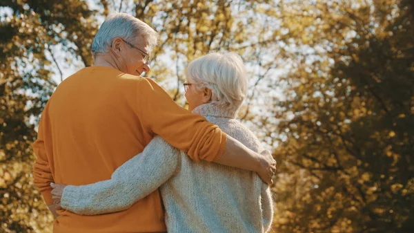 Feliz pareja de ancianos abrazándose en el parque. Hombre mayor coqueteando con una anciana. Romance a la vejez en el día de otoño —  Fotos de Stock