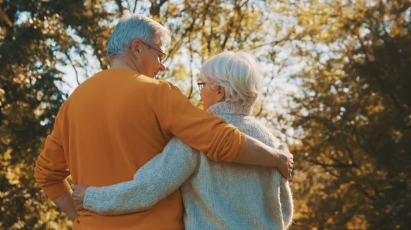 Feliz pareja de ancianos abrazándose en el parque. Hombre mayor coqueteando con una anciana. Romance a la vejez en el día de otoño —  Fotos de Stock