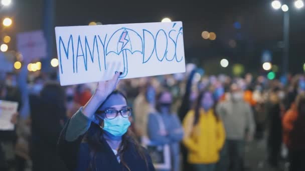 Warsaw, Poland 23.10.2020 - Protest against Polands abortion laws. We had enough sign in womans hand — Stock Video