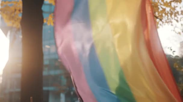 Jovem mulher bonita com cabelo curto acenando bandeira do arco-íris no parque — Vídeo de Stock