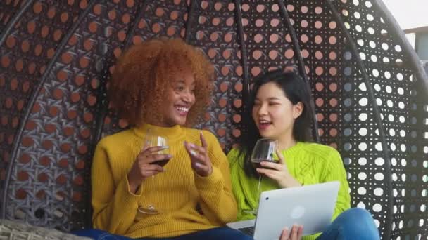 Dos mujeres riendo, pareja lesbiana relajándose en el columpio y bebiendo vino tinto — Vídeos de Stock