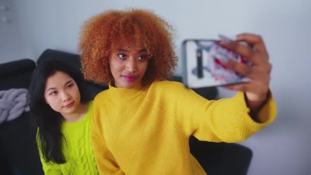 Multiracial friendship. Asian and african american black woman taking selfie using smartphone — Stock Video