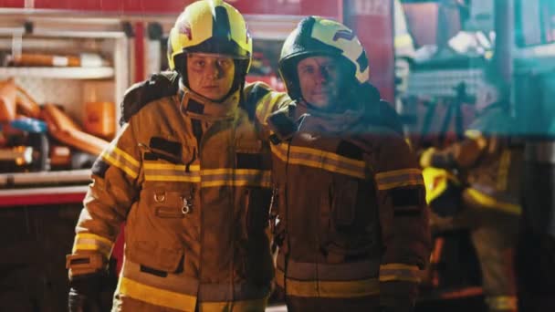 Retrato de dos bomberos delante del camión de bomberos después de apagar el fuego — Vídeos de Stock
