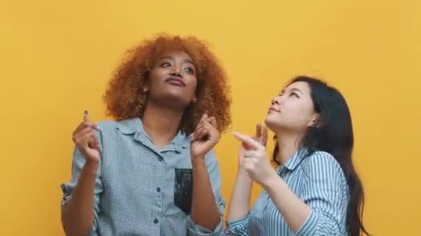 Deux jeunes femmes folles dansant. isolé sur fond jaune — Video