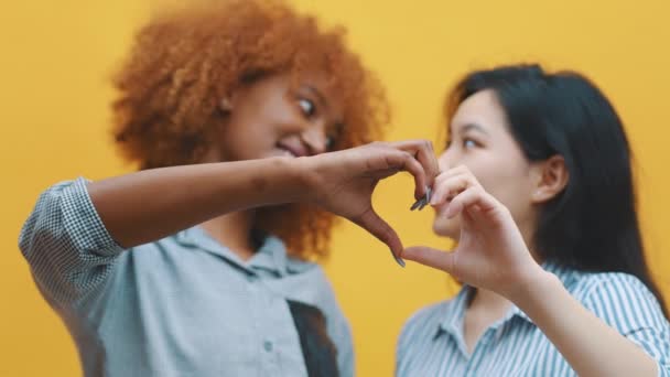 Concept de relation homosexuelle multiraciale. Femme noire afro-américaine et asiatique faisant des cœurs avec des mains. Amour et affection — Video