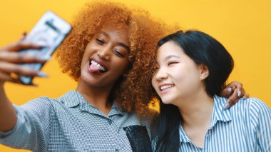 Çılgın, genç, çok ırklı kız arkadaşlar ya da lezbiyen bir çift komik suratlar yapıyor ve akıllı hatunla selfie çekiyor.
