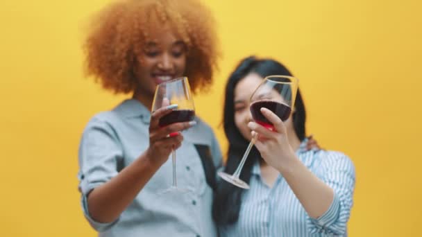 ¡Salud! Dos jóvenes amigos multiétnicos, tostadas con copas de vino. Mejores amigos y celebración — Vídeo de stock