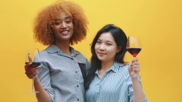 Mladý lesbický pár cinkající sklenice s červeným vínem. Multiraciální homosexuální vztah, koncept lásky a oslavy výročí — Stock video