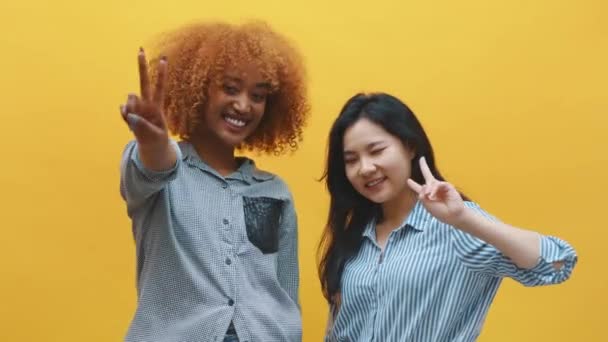 Um gesto de paz. Duas jovens amigas engraçadas mostrando sinal de paz. Conceito de amizade multi-racial — Vídeo de Stock