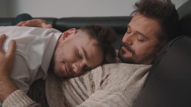 Câlin passionné entre deux partenaires homosexuels. Hommes relaxants sur le canapé — Video