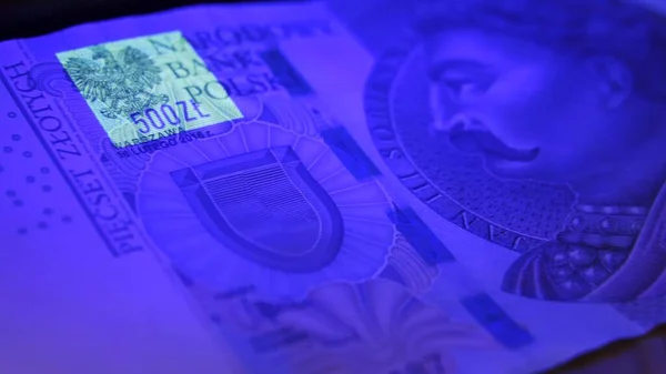 Warszawa, Polen 01.01.2021 Polsk zloty under UV-lampan. Testar papperspengar för förfalskning koncept. extrem närbild skott av pengar säkerhet funktioner — Stockfoto