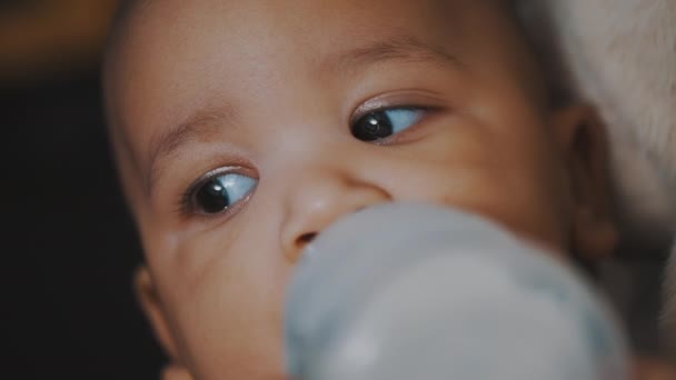 Schattige donkere huid multiraciale baby drinken zijn formule melk uit de fles in de handen van zijn moeder — Stockvideo