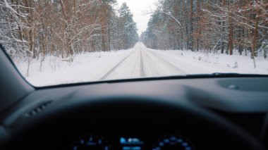 Driving the car on the snow covered road surrounded by tall leafless trees. Point of view shot
