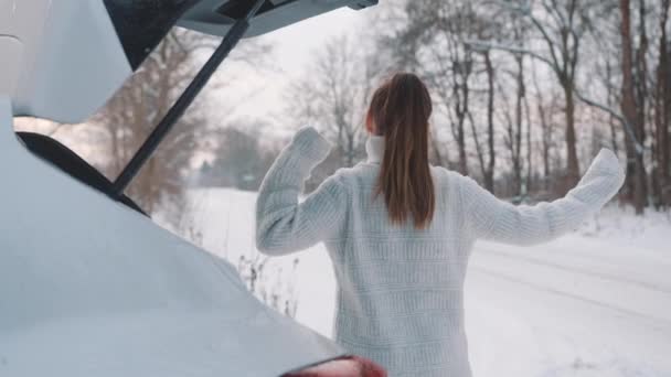 冬の間の旅行。雪に覆われた道の脇の車の近くで休んでストレッチ若い女性 — ストック動画