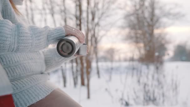 Молода жінка виливає каву в чашку з термальної пляшки, відпочиваючи на вулиці в сніжний день — стокове відео