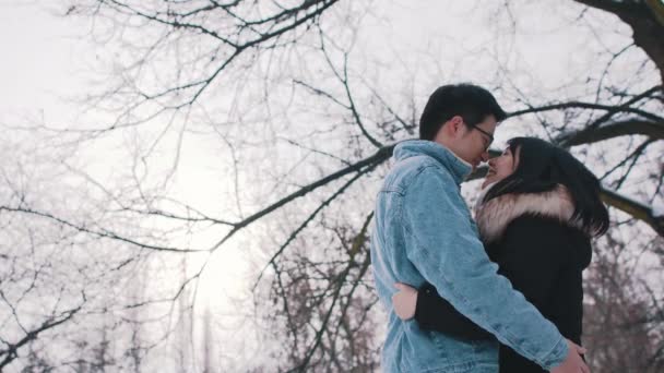 可爱的年轻夫妇在被雪覆盖的树下接吻。冬季的爱情和感情。情人节 — 图库视频影像