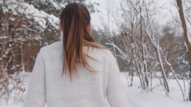 Jovem mulher pulando animado no parque coberto de neve. Temporada de férias de inverno — Vídeo de Stock