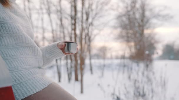 Feche, derramando o café na xícara da garrafa térmica enquanto descansa fora no dia nevado — Vídeo de Stock
