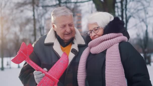 Glückliches älteres Ehepaar, das im Winter im Park mit Flugzeugspielzeug spielt. Zeitlupe — Stockvideo