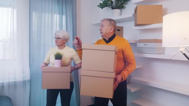 Счастливая пара на пенсии переезжает в новый дом. Картонные коробки — стоковое видео