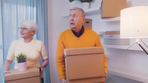Flyttning till nytt hem. Äldre pensionerade par som bär pappkartonger — Stockvideo