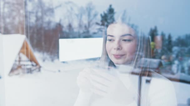 Joven mujer caucásica bebiendo bebida caliente y mirando por la ventana a las casas cubiertas de nieve — Vídeos de Stock