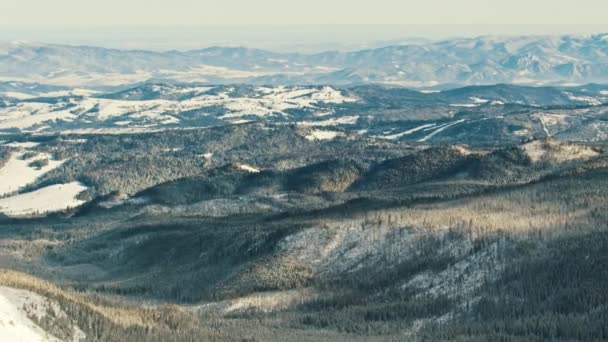 Hermoso paisaje invernal de montaña con bosque de pinos cubierto de nieve. Panorámica tiro — Vídeos de Stock