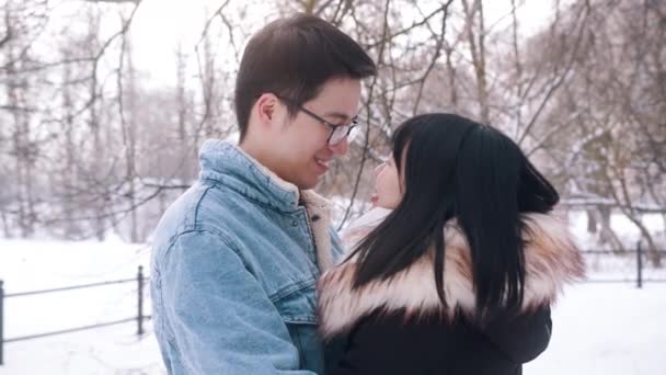 Día de San Valentín. Feliz joven pareja besándose en el parque cubierto de nieve — Vídeos de Stock