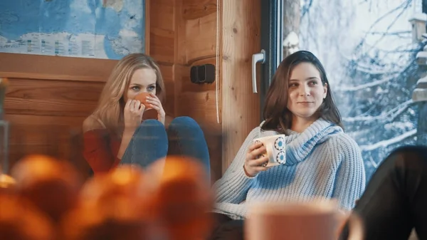 Best friends spending winter holidays in the cozy wooden hut on the mountain. Drinking hot beverage near the big window