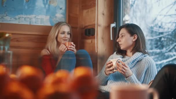 Χειμερινές διακοπές. Γυναίκες φίλοι κάθονται κοντά στο παράθυρο σε ζεστό ξύλινο σπίτι και πίνοντας ζεστό ρόφημα — Αρχείο Βίντεο