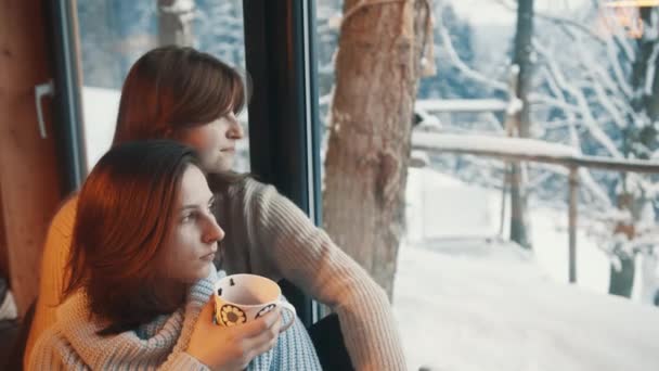 Δύο γυναίκες, αδερφές να κάθονται κοντά στο παράθυρο και να πίνουν καφέ κοιτάζοντας χιονισμένα δέντρα. — Αρχείο Βίντεο