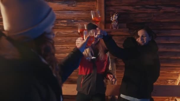 Zimowe wakacje. Najlepsi przyjaciele wznoszą toast w drewnianym górskim domku — Wideo stockowe