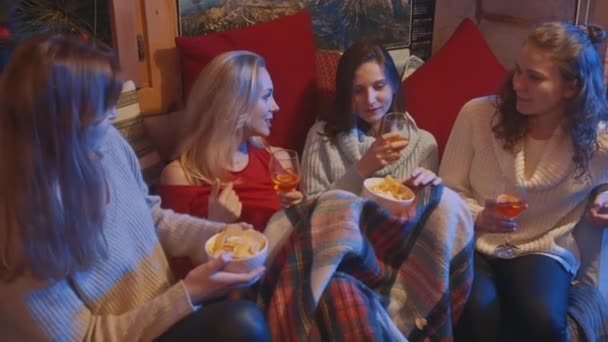 Junge Freundinnen verbringen den Winterurlaub in der kuscheligen Wohnung unter einer Decke und trinken Glühwein — Stockvideo