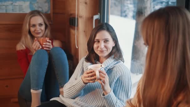 겨울 방학. 소녀들 은산의 아늑 한 나무 집에서 재미있게 지낸다. 큰 창문 근처에서 뜨거운 음료수를 마시는 모습 — 비디오