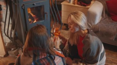 Güzel genç bayanlar şöminenin yanında kadeh kaldırıyor. En iyi arkadaşlar Noel 'i kutluyor.