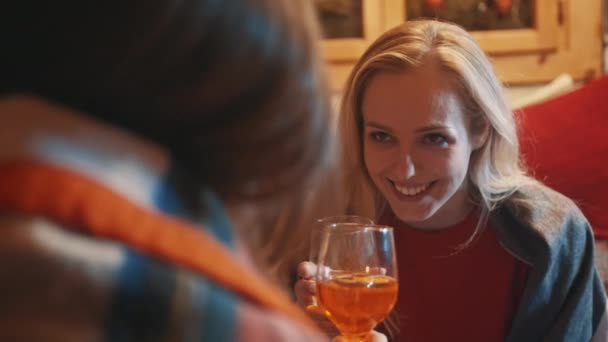 Mladý lesbický pár flirtuje a pije víno v útulném domě. Zimní dovolená — Stock video