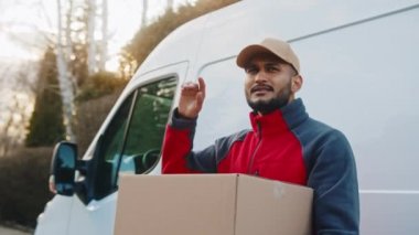 Nakliyeci, nakliye aracının önünde bir paket tutuyor.