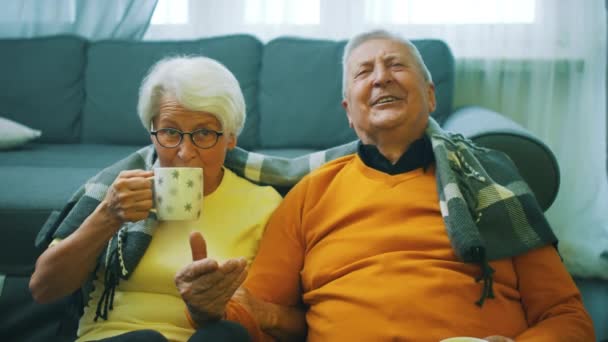 Šťastný starý pár smějící se dívat na televizi a pít horký nápoj pokrytý přikrývkou — Stock video