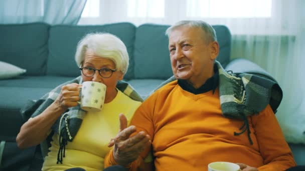 Gelukkig oud paar lachen tv kijken en drinken warm drankje bedekt met deken — Stockvideo