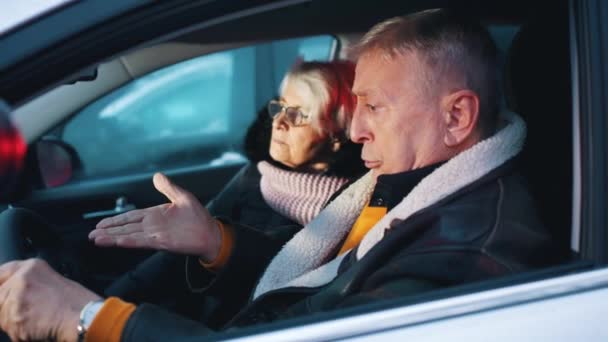 Arabadaki yaşlı çift yanıp sönen polis ışıklarıyla karıştırıyor. Hız cezası. Kadın ve erkek arabada tartışıyor. — Stok video