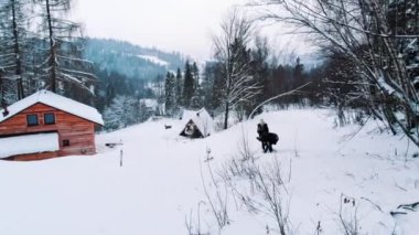 Ahşap evin dışında kar yağışı seven bir çift. Birbirlerine kar atıyorlar. Kartopu savaşı