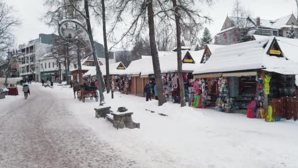 Menschen, die auf einer verschneiten Straße gehen. Geschäfte am Straßenrand mit Schnee bedeckt — Stockvideo