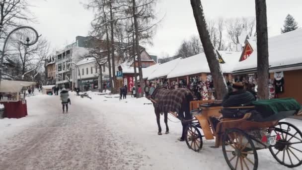 Città innevata con carretto di cavallo. Negozi sul ciglio della strada. Persone che camminano. — Video Stock