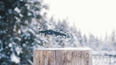Karlı kış gününde ağaçtan yükselen drone 'u kapat.