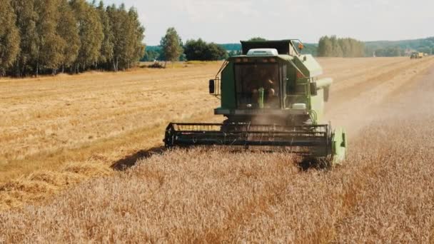 Vista frontale di una mietitrice moderna in un'agricoltura durante il giorno — Video Stock