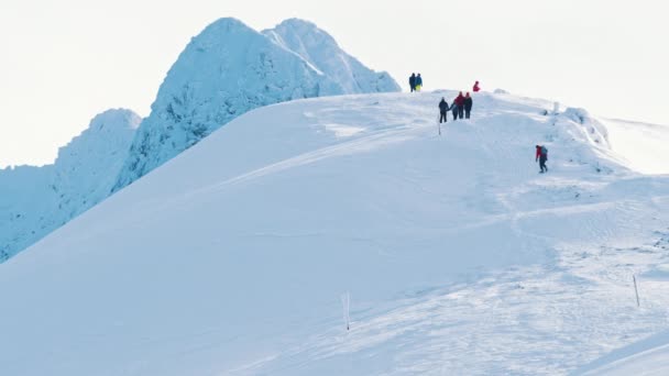 Groep van mensen op Bobbie landschap hebben plezier sneeuw bedekte bergen — Stockvideo