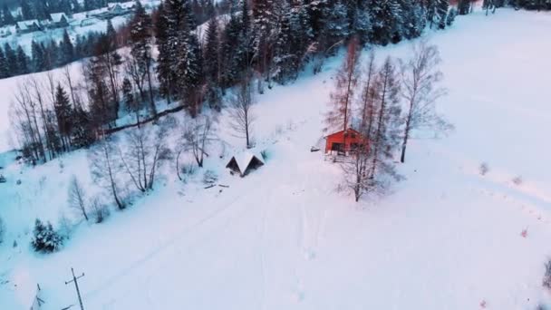 Krajobraz górski z dwoma domkami letniskowymi i pokrytym śniegiem lasem — Wideo stockowe