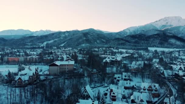 Imágenes aéreas de montañas cubiertas de nieve en una ciudad con casas cubiertas de nieve y árboles — Vídeo de stock