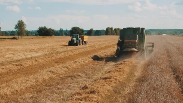 O recoltă și un tractor într-un câmp agricol. Conceptul de agricultură — Videoclip de stoc