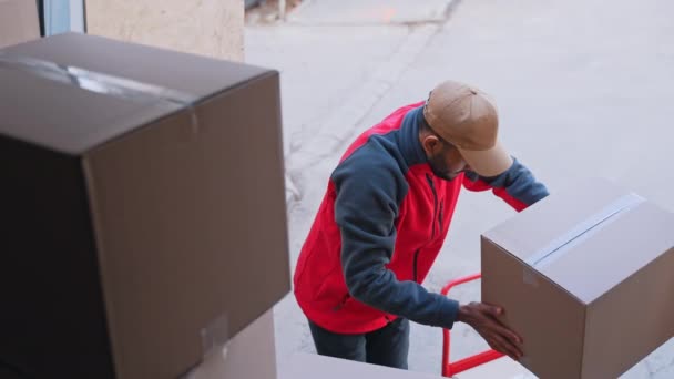 Joven descargando cajas de cartón del camión — Vídeos de Stock